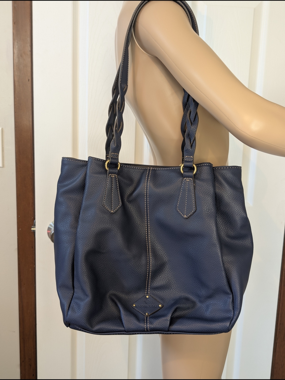St. John's Bay Navy Blue Braided-Handle Pebbled Faux Leather Tote Bag